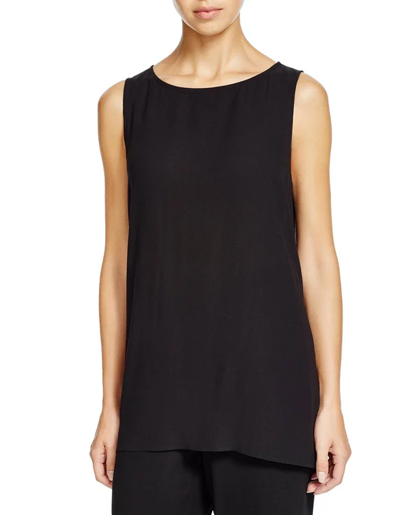 Eileen Fisher System Long Shell in Silk Georgette Crepe - Black, Xs