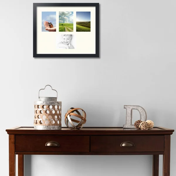 Collage Picture Frame, Satin Black Frame with 4 openings for 5x7 Photos with Ivory Chantilly Mat. D3926EN149, ArtToFrames