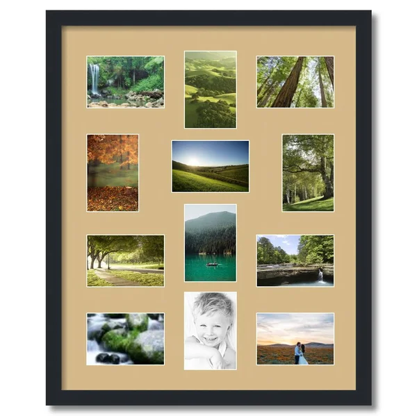 Collage Picture Frame - Satin Black Frame with 12 openings for 4x6 Photos with Brown Autumn Gold Mat. D3926ED462, ArtToFrames