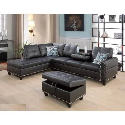 Plyler 97.2x22 Wide Faux Leather Modular Corner Sectional with Ottoman Wade Logan Leather Type: Black Faux Leather, Orientation