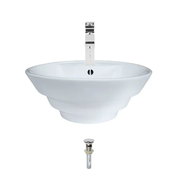 Mr Direct Vitreous China Circular Vessel Bathroom Sink with Faucet and Overflow - Size: 720 Faucet, White