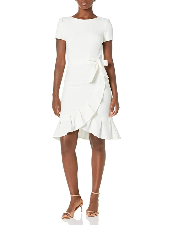 Calvin Klein Women's Ruffle Hem Belted Dress, Cream, 14