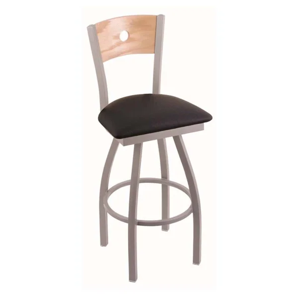 Holland Bar Stool 830 Voltaire 25x22 Counter Stool with Stainless Finish, Black Vinyl SEAT, Natural Oak BACK, and 360 Swivel 830