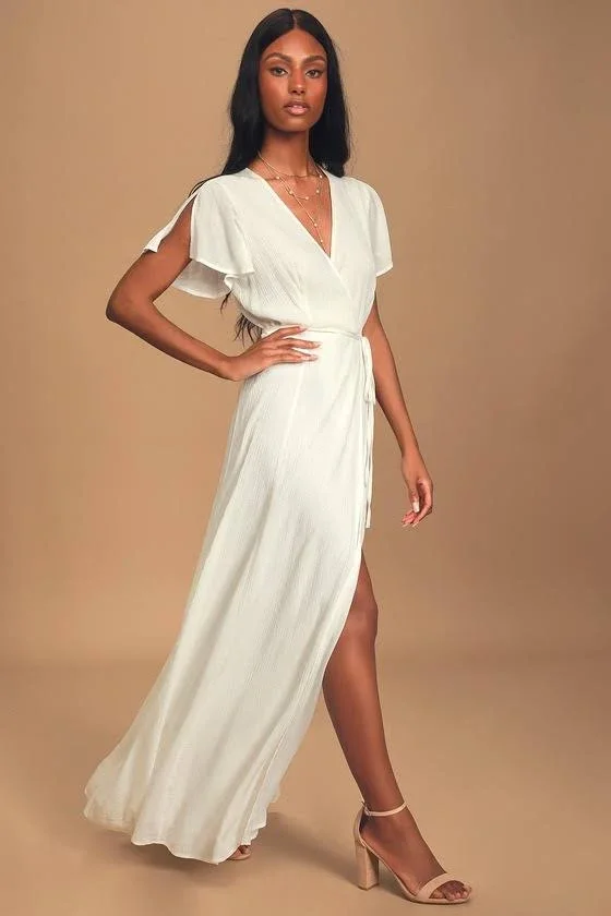 Lulus - Heart of Marigold White Wrap Maxi Dress, Size Large, 100% Polyester