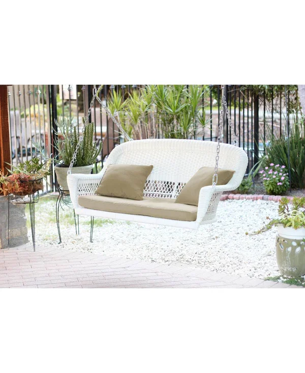 Jeco W00207S-D-FS006 Black Wicker Porch Swing with Tan Cushion