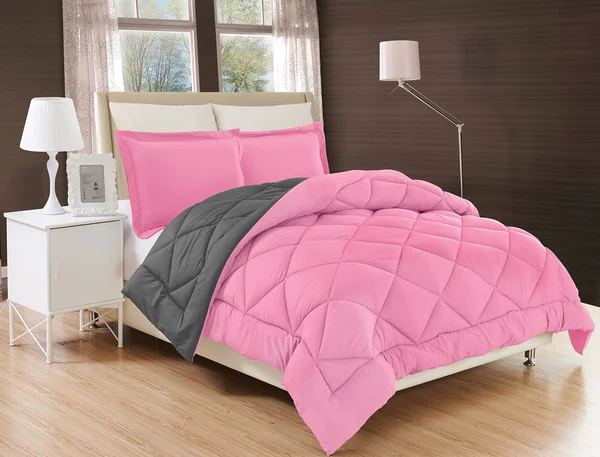 Silky Soft - Goose Down Alternative Reversible 3PC Comforter Set, Full/Queen, Pink/Gray