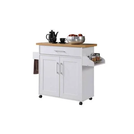White Kitchen Island with Spice Rack and Towel Holder