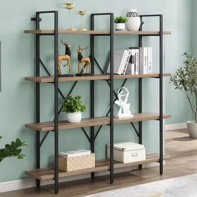 Double Wide 4-Tier Bookcase Storage Organizer, Industrial Large Open Metal Bookshelf Furniture, Etagere for Home & Office, V
