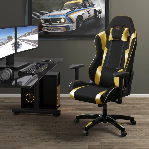 Porch & den Banton Bonded Leather - Fabric, and Mesh High-Back Ergonomic Gaming Chair - White/Blue