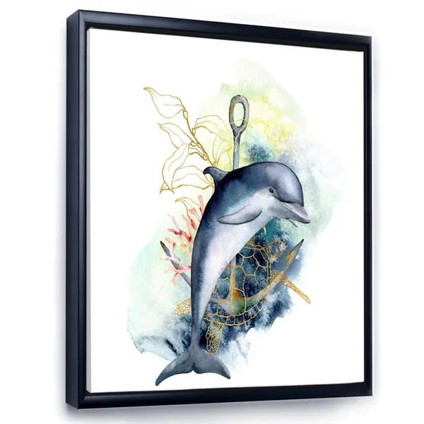 Designart &Dolphin Turtle Anchor & Linear Coral Reef Plants& Nautical & Coastal Framed Canvas Wall Art Print - 24 in. Wi