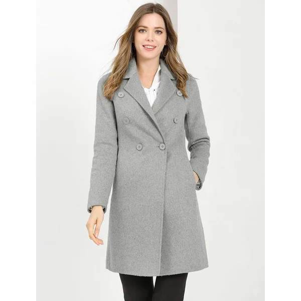 Women's Notch Lapel Double Breasted Slit Hem Long Coat - Apricot