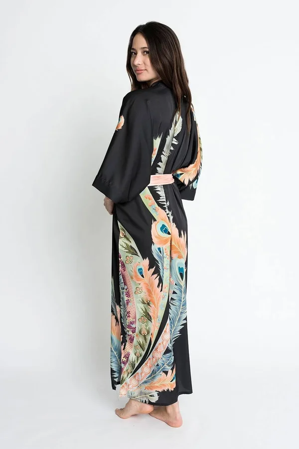 Peacock Feather Kimono Robe - Long - KIM + ONO white, one size