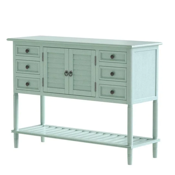 Solid Wood Console Table with 6 Drawers 1 Cabinets, 1 Shelf, Light Green - MDF