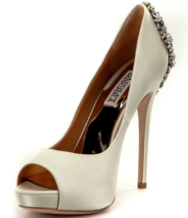 Badgley Mischka Kiara Embellished Peep-Toe Evening Pumps - Ivory Satin