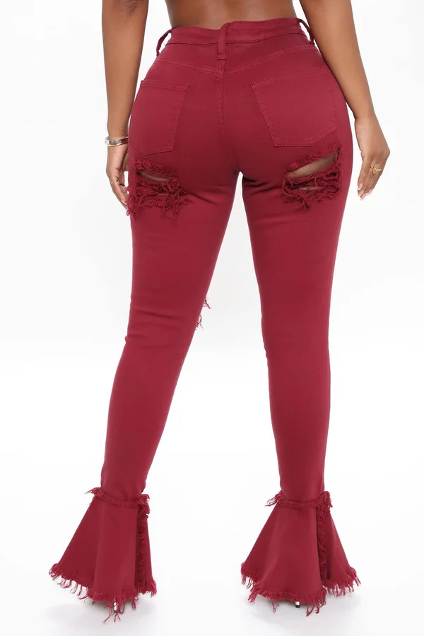 Womens Fray What You Mean Flare Leg Jeans in Burgundy Size 13 by Fashion Nova