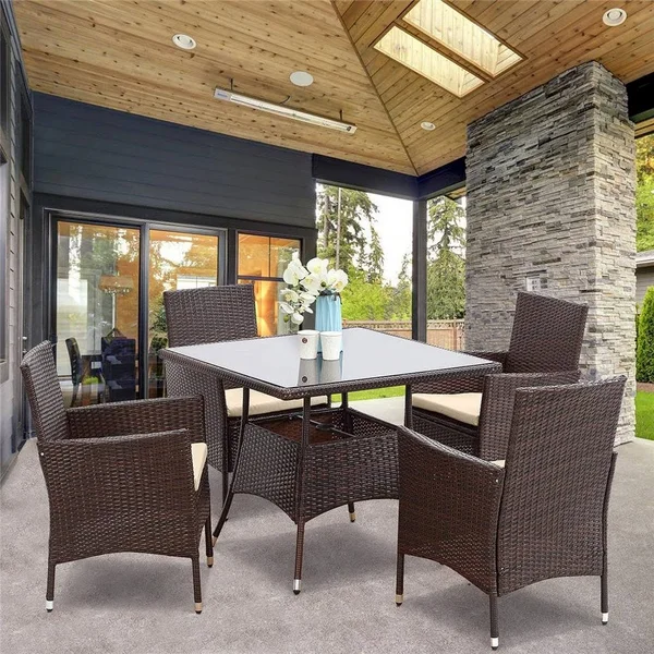 5 Piece Outdoor Patio Dining Set, Wicker Glassed Table and Cushioned Chair, Umbrella Cut Out, Brown, Size: 83