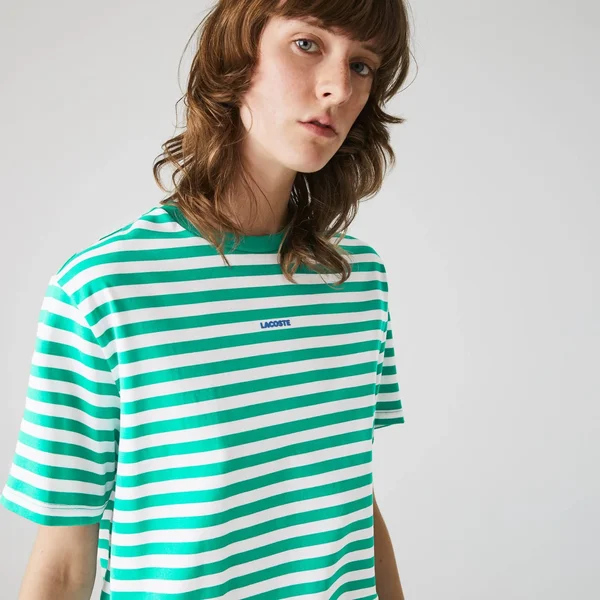Lacoste Women's Crew Neck Branded Striped Cotton T-Shirt - 32