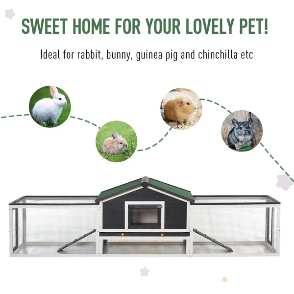 PawHut 2-Story Large Wooden Rabbit Hutch Pet House with Ramps - Lockable Doors, Run Area and Asphalt Roof for Outdoor Use