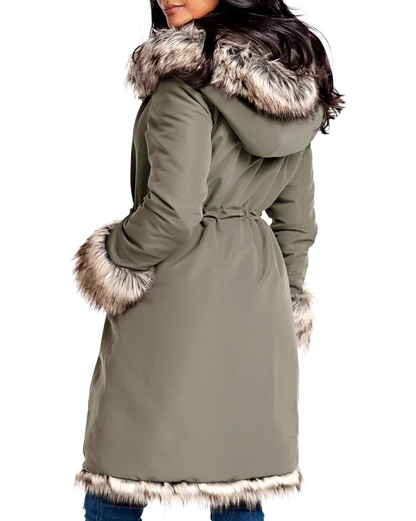 Donna Salyers& Fabulous-Faux Furs Women's Overcoat Olive Hooded Faux Fur-Lined Knee-Length Coat Xs