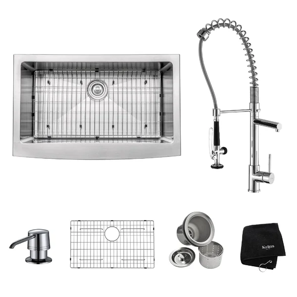 Kraus Khf200-33-kpf1602-ksd30ch Farmhouse Single Bowl Stainless Steel Sink with Kitchen Faucet and Soap Dispenser, 33x22