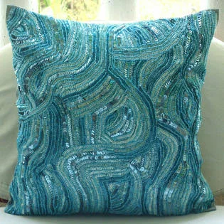The HomeCentric Sequins and Beaded 26x22x26x22 Art Silk Blue Euro Shams Covers - Aqua Infinity