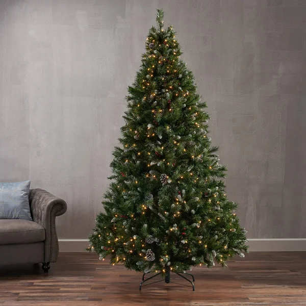 Noble House 7.5 ft. Unlit Christmas Tree with Frosted Pinecones in Green
