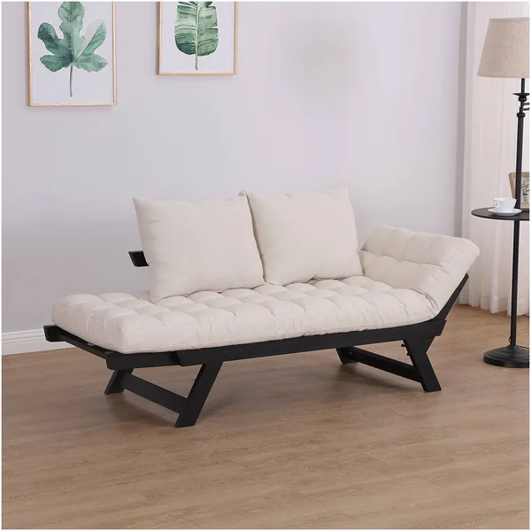 HomCom Black, Cream White Single Person 3-Position Convertible Couch Chaise Lounger Sofa Bed
