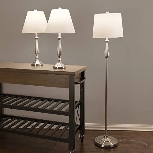 Table Lamps and Floor Lamp Set of 3 (3 LED Bulbs Included) by Lavish Home Traditional Brushed Steel