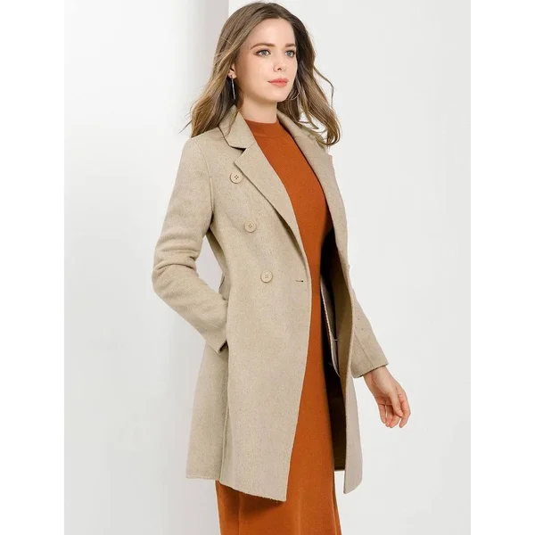 Women's Notch Lapel Double Breasted Slit Hem Long Coat - Apricot