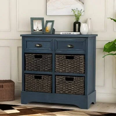 Light Grey Rustic Storage Cabinet with Two Drawers and Four Classic Rattan Basket August Grove Color: Antique Blue