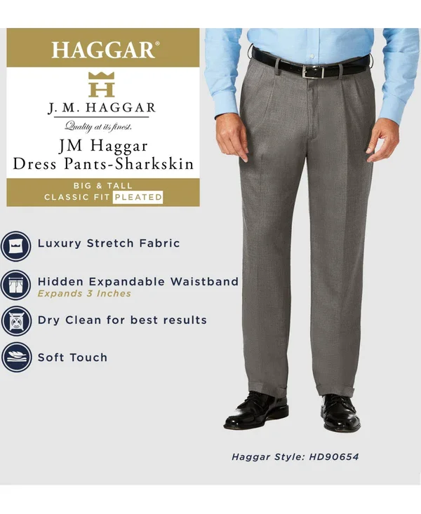 J.M. Haggar Big & Tall Classic Fit Stretch Sharkskin Pleated Dress Pants - Dark Heather Grey