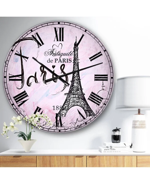 Designart 'Illustration with Paris Eiffel Tower' Vintage Oversized Wall Clock - 23 in. Wide x 23 in. High
