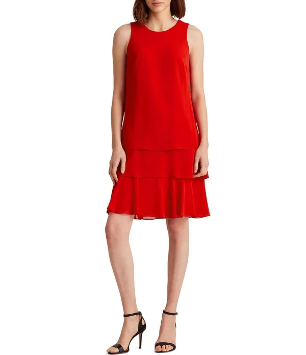 Lauren Ralph Lauren Georgette Layered Hem Sleeveless Shift Dress, Womens, 10, Red