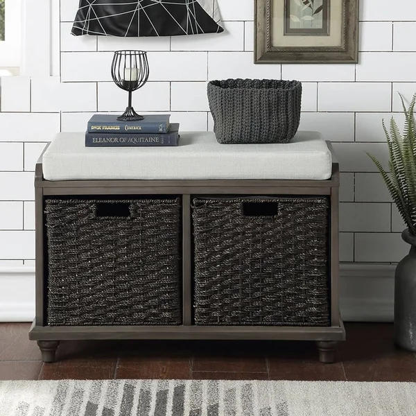 Homes Collection Wood Storage Bench with 2 Woven Baskets - Grey