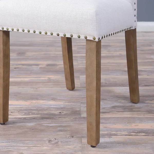 BELLEZE Set of (2) Dining Chairs Linen Armless Nailhead Trim Accent Elegant Side Chair Wooden Leg - Beige