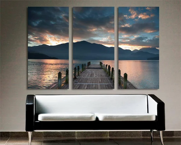 30 x 20 - Cloudy Lake Docks During Sunset Canvas Print - 3 Panel Split - Triptych Wall Art
