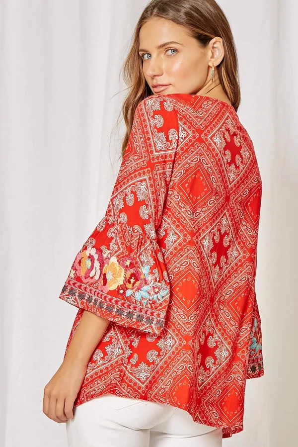 Red Bandana Bell Sleeve Top Small-3X 3X