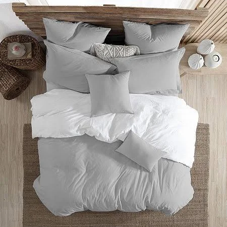 Swift Home Valatie 100% Cotton Garment Washed & Dyed Reversible Duvet Cover Set - Twin/Twin XL - Silver/White