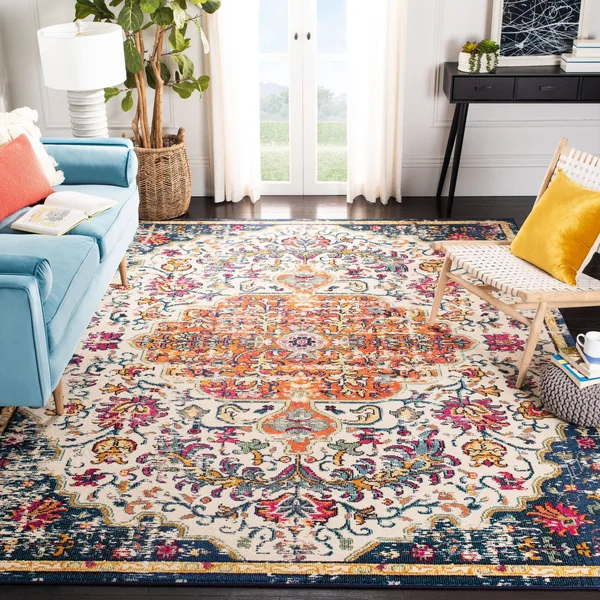 Safavieh Madison Sabire Boho Medallion Distressed Rug (10& x 10& Round - Navy/Light Blue)