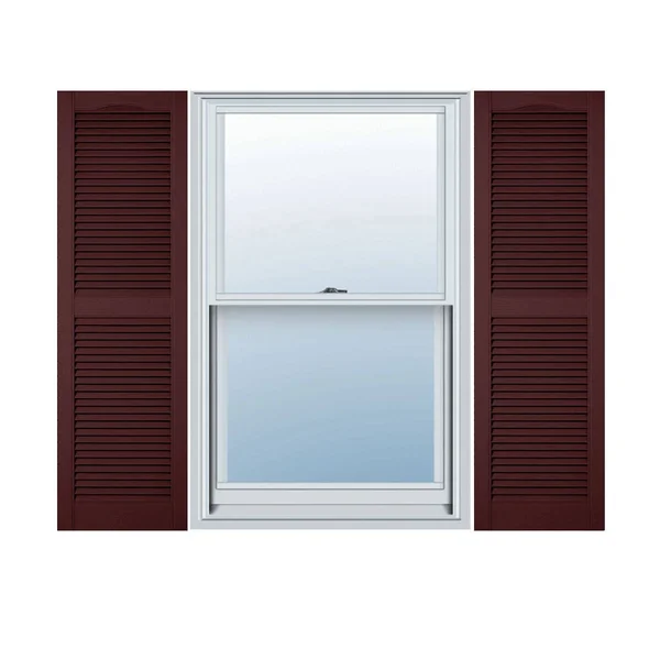 12 inchw x 54 inchh Lifetime Vinyl - Custom Straight Top Center Mullion, Open Louver Shutters, Bordeaux