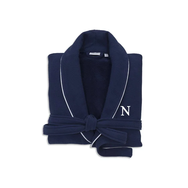 Linum Home Textiles Hotel Turkish Cotton Waffle Terry Bathrobe with Satin Piped Trim - Personalized - Navy - Blue