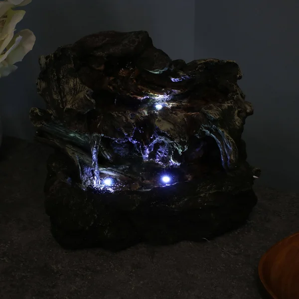 Sunnydaze Aged Tree Trunk Tabletop Fountain with LED Lights, Dark Brown/Cream