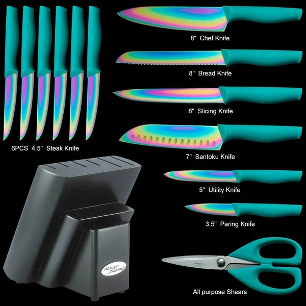 Dishwasher Safe Rainbow Titanium Cutlery Knife Set - Marco Almond Kya27 Kitchen Knives Set with Wooden Block, Rainbow Titanium