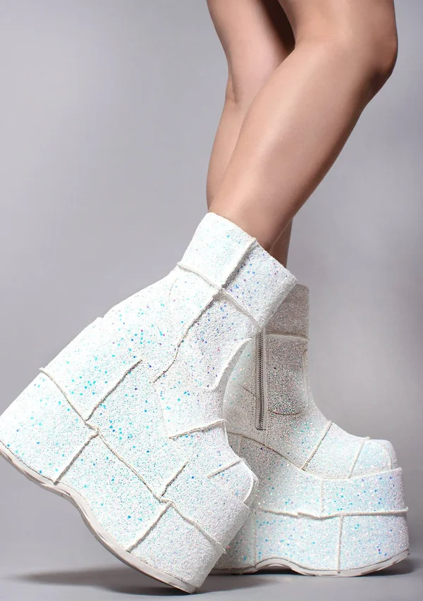STACK-201G - Men's GOGO Platform Wedge Glitters Ankle Boots, White Size : 7 - FUNkyPair.com