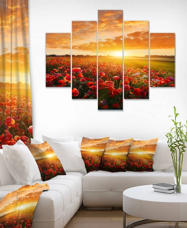 Designart &Beautiful Poppy Field at Sunset& Multipanel Canvas Art Print - 60x32 5 Panels