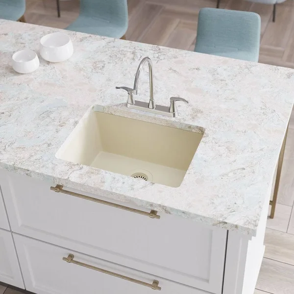 Rene R3-1004-ECR-ST-CGF Ecru Single Bowl Composite Granite Kitchen Sink with Grid and Matching Colored Flange
