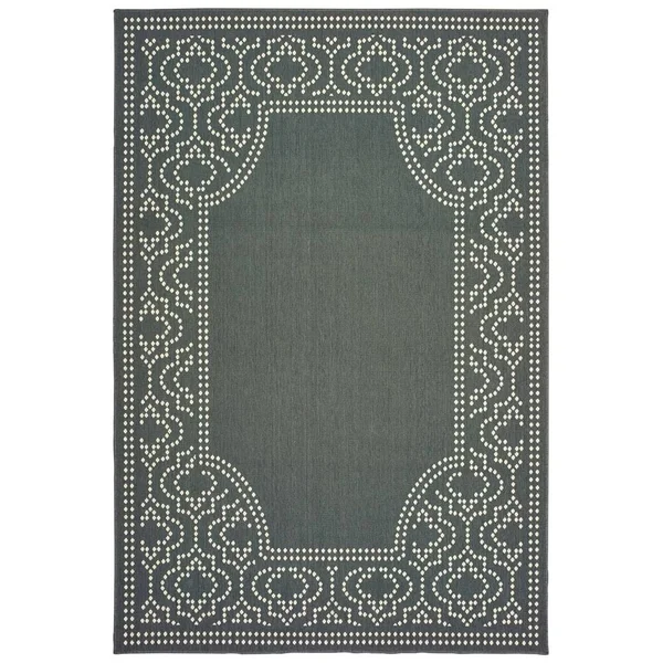 Style Haven Updated Border Black/ Ivory Loop Pile Indoor-Outdoor Area Rug - 7&10 inch Round