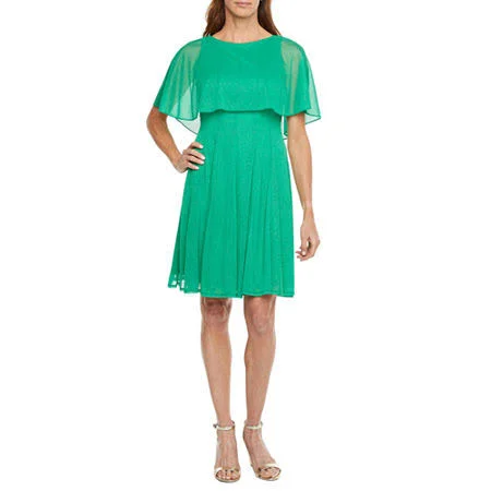 J Taylor Short Sleeve Cape Fit & Flare Dress, Glitter, 4, Green