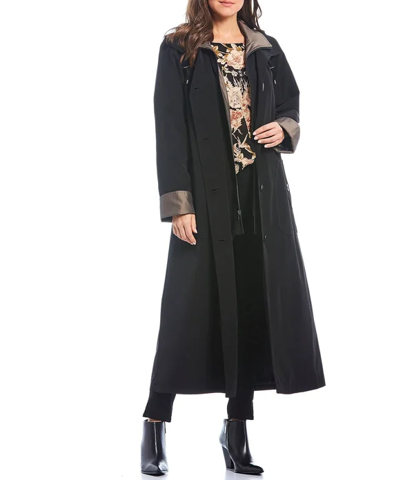 Women's Gallery Full Length Two-Tone Silk Look Raincoat, Size Medium - Black