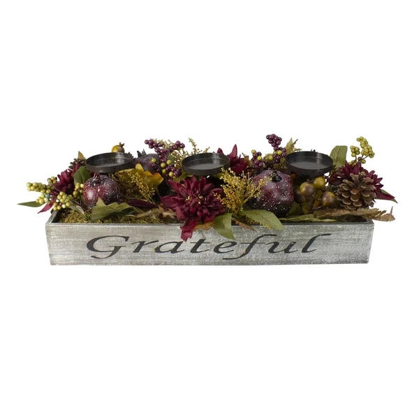 Northlight 24x22 Autumn Harvest Pomegranate 3-Piece Candle Holder in A Grateful Rustic Wooden Box Centerpiece